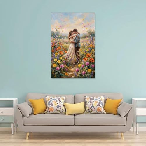 Póster de pareja abrazando en óleo impresionista, lámina decorativa pastel suave de 40 x 60 cm 2