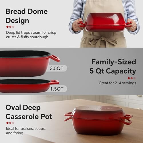 Northriver Casting 5 Qt Enameled Cast Iron Oval Dutch Oven for Bread Baking – 12"x8" Red Enamel Bread Pot with Deep Lid & Shallow Base, Ideal for Sourdough, Artisan Loaves & Family Meals, Oven Safe - Image 5
