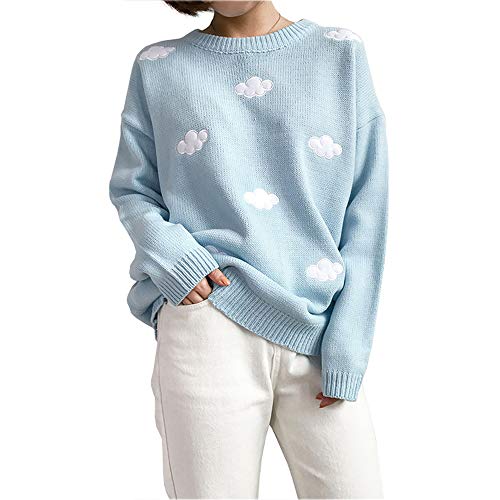 Women Harajuku Wild College Wind Loose Cloud Sweater Female Kawaii Ulzzang Vintage Cute Punk Pullover Thick Casual Jumper (Blue, Onesize) #TOP23