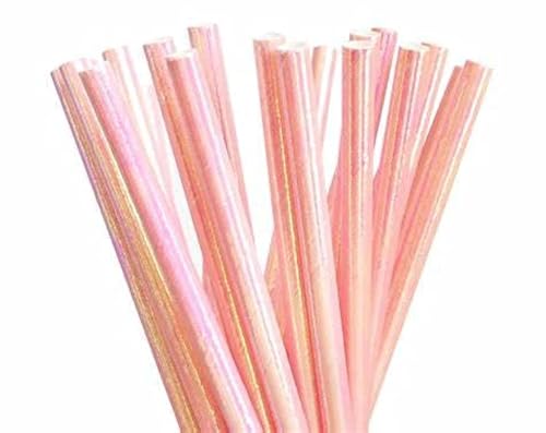 Foil Iridescent Pink Pearl Disposable Paper Paper Straws, Decorative Party Biodegradable Paper Straw Pack 100