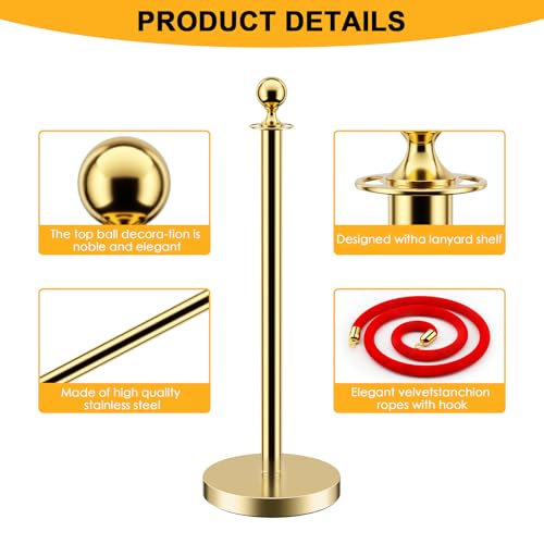 Image of LOVMOR 8 PCS Stainless Steel Stanchion Post Queue 5 ft Red Velvet Rope Red Carpet Ropes and Poles Crowd Control Barriers for Red Carpet Themed Decoration