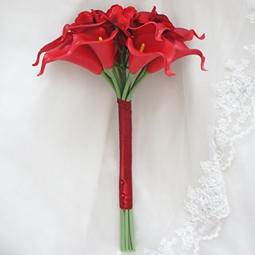 Lily Garden Mini 15" Artificial Calla Lily 10 Stem Flower Bouquets (Red With Ribbon) #TOP2