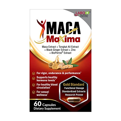 LABO Nutrition MacaMaxima Peruvian Maca Root, Tongkat Ali, Black Ginger, Zinc and Black Pepper Extract Supplement for Men and Women, Supports Reproductive Health, Energy, Stamina- Non-GMO, Vegan Pills