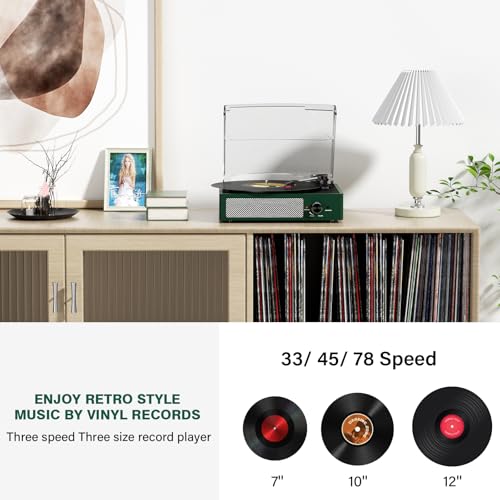 Image of Record Player Bluetooth Turntable with Built-in Speakers & 3 Speed 3 Size Portable Retro Vinyl Record Player for Entertainment and Home Decoration Emerald Green