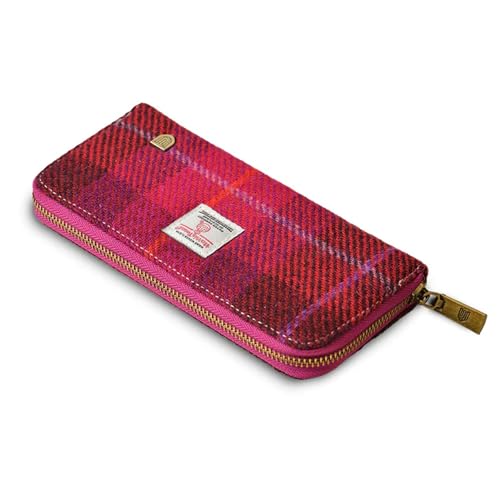 Image of Islander HarrisTweed & PU Leather women's long zip purse, Carry Cash & card, Scottish Style, Fuchisa Tartan
