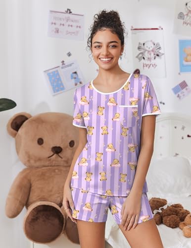 Image of Ekouaer Pajama Set for Women 2 Piece Lounge Set Short Sleeve Tops and Shorts Soft Sleepwear, Chest Pocket