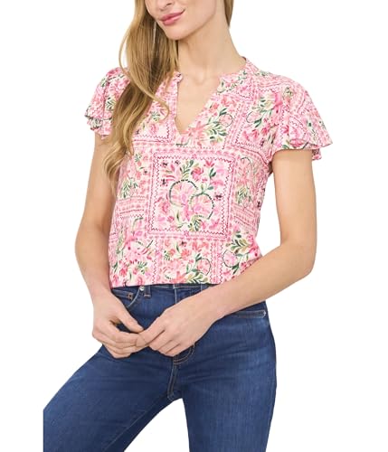 (取寄) シーシー レディース V-ネック シャード ネック フラッター スリーブ ブラウザ CeCe women V-neck Shirred Neck Flutter Sleeve Blouse Fiery Red Amazon.com: CeCe, Women's, V-Neck Shirred Flutter Sleeve Blouse