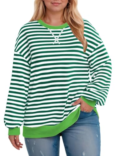 Image of ROSRISS Womens-Plus-Size-Oversized-Sweatshirts Striped Colorblock Long Sleeve Shirts Casual Crewneck Pullover Sweaters XL-5XL