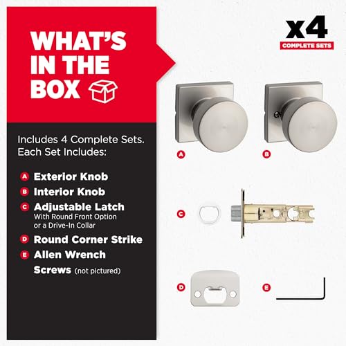 Image of Kwikset Pismo Interior Square Passage Door Knob, Handle for Closet and Hallway Doors, Non-Locking Doorknob, Satin Nickel