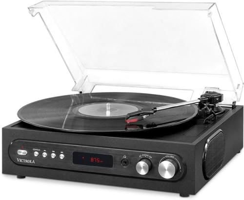 Victrola 3-in-1 Turntable – 3-Speed (33 1/3, 45, 78 RPM) Bluetooth Record Player with FM Radio, & Built-In Stereo Speakers, 3.5 Aux In & RCA Output, Wireless Music Streaming, Dust Cover (Black) by Victrola - Used condition - US$40.66