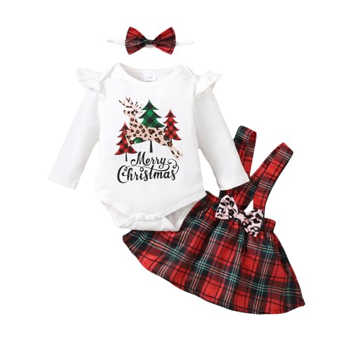 Image of LUJENGEFA Baby Girl My 1st Christmas Outfit Xmas Letter Print Ruffle Romper +Red Plaid Suspender Skirt +Headband Clothes Set