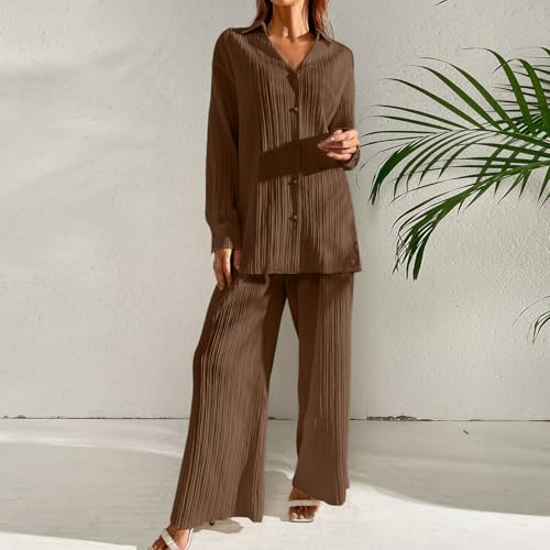 Women's 2 Piece Textured Sets Casual V Neck Button Down Collared Shirt and Wide Leg Pants Outfits Loungewear Tracksuit2