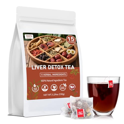 Liver Detox Tea, Liver Cleanse Detox & Repair Tea, 11 Precious Ingredients Formula, with Premium Ginseng, Mulberry & Chrysanthemum, Plastic-Free, Caffeine-Free, No Additives & Non-GMO(15 Bags/1 Pack)