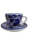 Talavera Espresso-Tasse und Untertasse, Keramik, Blumenmuster, Blau und Weiß, 57 ml