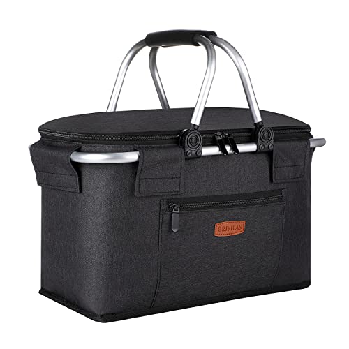 Insulated Folding Picnic Basket Cooler,Picnic Basket with lid 35L Extra Large Insulated Cooler Bag Easy Storage Compact Design Wine Picnic Basket, Black