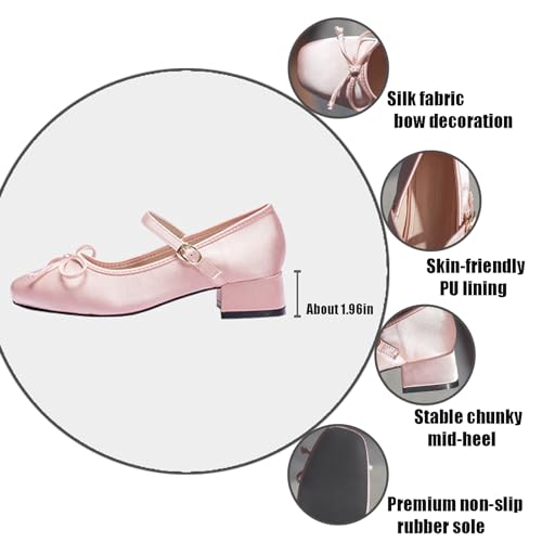 Women Satin Bow Chunky Heel Mary Janes Pumps Fashion Square Toe Adjustable Ankle Strap Mid Block Heel Ballet Shoes Lightweight Breathable Business Office Dress Shoes3