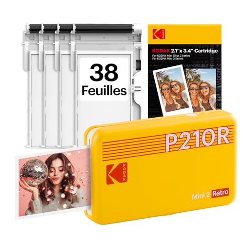 KODAK Mini 2 Retro Imprimante Photo Portable, 38 Feuilles, imprimante Bluetooth pour Smartphone iPhone et Android, Impressions Couleur instantanées, Sublimation 4PASS, Jaune 5,3 x 8,6 cm
