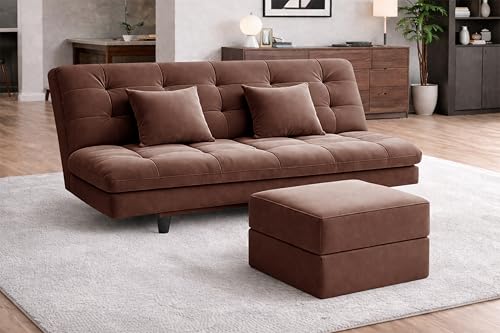 Image of Rosebell Modern Three-Seater Sofa Cum Bed - Foldable Velevt Fabric Sofa, Foam Seating, Stylish Design for Living Room, Guest Room & Office-Brown