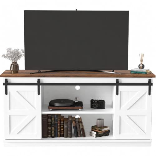 Image of JUMMICO TV Stand for 65 Inch TV, Sliding Barn Doors, White