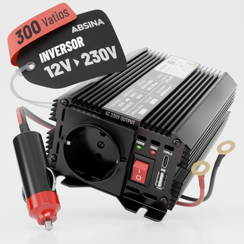 ABSINA Transformador 12/220 Voltio   Adaptador 12V a 220V de Onda Sinusoidal Modificada   Inversor 300W con Potencia Pico 600W   Camper Furgoneta Accesorios, Convertidor de Corriente 12V a 220V