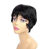 Ty.Hermenlisa 100% Real Virgin Brazilian Remy Human Hair Wigs for Black Women Natural Color Wavy Short Bobs Hairpieces with Elastic Strap, 66g, Jet Black