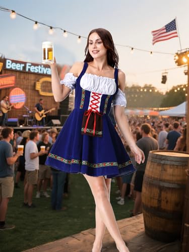 GRAJTCIN Oktoberfest Costumes Women Velvet German Bavarian Dirndl Dress Octoberfest Outfits for Halloween Carnival (S, Blue) - Thumbnail 7