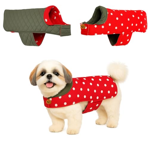 Image of Sage Square Dual-Sided Polka Dot Dog Jacket - Protective Cold-Weather Gear for Pets, Lightweight, Cushioned, Designed for Warmth & Comfort Indoors or Outside (Polka Red, XS - 12 Inch)