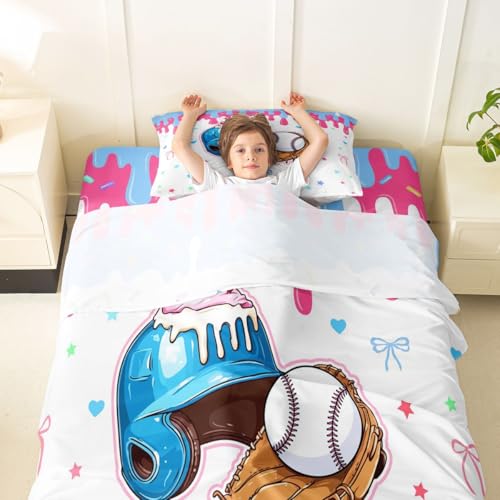 Image of Castle Fairy Baseball Cap Bed Sheets Twin Size,Ice Cream Cherry Dessert Easy Wash Bedding Set,Game Sports Graffiti Kids Room Decor,Bule Sheet(Fitted+Flat+1 Pillowcase)