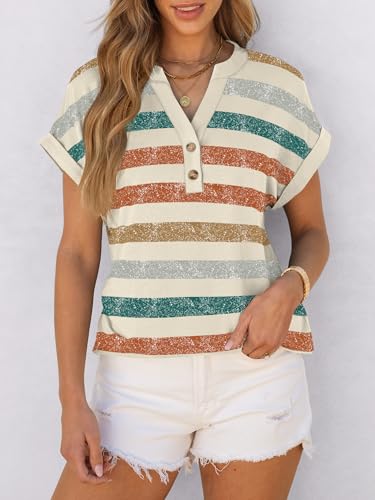 Image of ANRABESS Womens Short Sleeve Henley Tops V Neck Dressy Casual Blouses Summer Trendy Tee Shirts 2026 Vacation Fashion Clothes