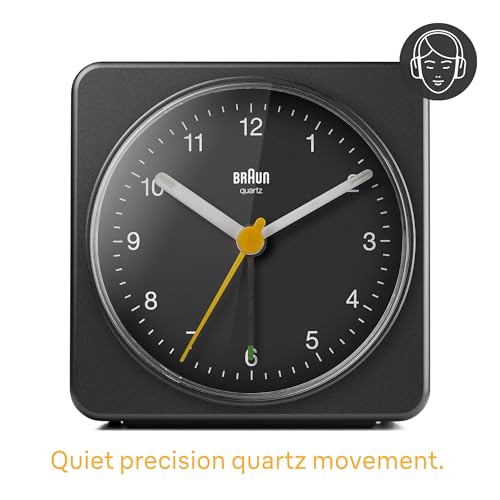 Braun Klasyczny analogowy budzik, funkcja drzemki i światło, cichy mechanizm kwarcowy, alarm Crescendo, czarny model BC03B, czarny, Mankiet