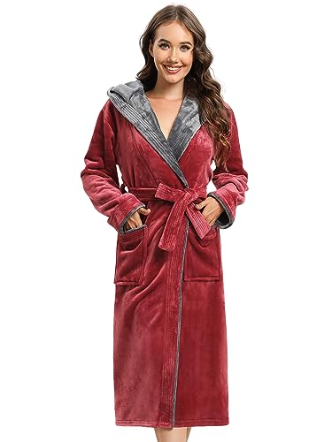 Vislivin Damen Fleece Bademantel Lang - Flauschiger Morgenmantel Mit Schalkragen