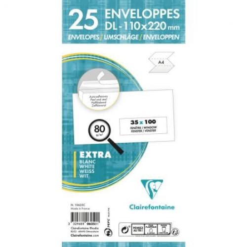 Lot de 20 Enveloppe Adhéclair blanche fd gris 110x220/DL, avec fenêtre 35x100 à 20/20, adhésive avec bande, 80 g/m² - sachet de 25