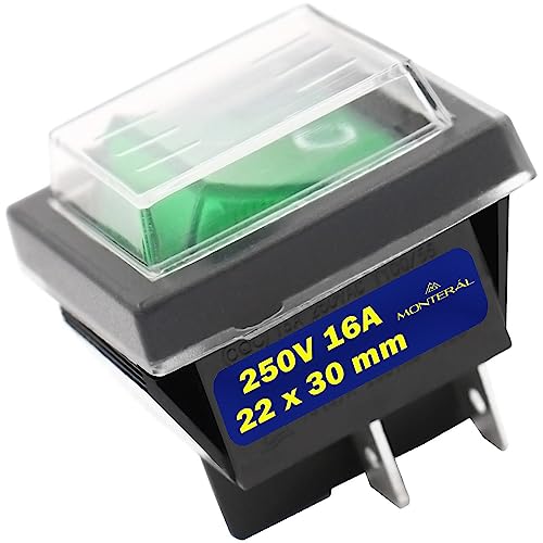 Interruptor Bipolar Verde Luminoso y Cubierta Protectora 250V 16A 22 x 30 mm Cuerpo Negro Garantía de 10 Años - MONTERAL