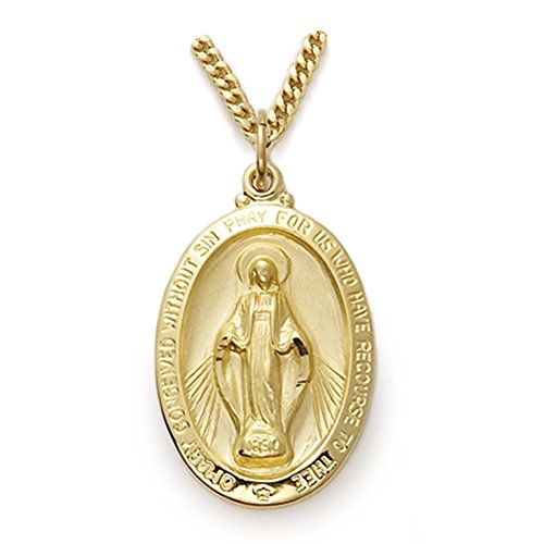 TrueFaithJewelry 14KT Gold-Plated Sterling Silver Our Lady Of Grace Miraculous Medal Necklace Pendant Religious Jewelry, 1 1 8 Inch