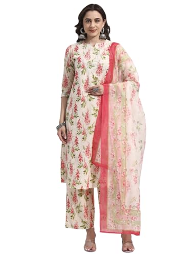 Image of idaLia Women's Multicolor Floral Printed Cotton Kurta Pant Set with Dupatta | Straight Fit | V-Neck | 3 /4 Sleeves Ethnic Suit