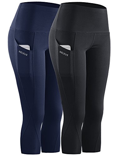 Neleus 2 Pack Tummy Control High Waist Workout Yoga Capri Leggings Yoga Pants,9027,Black,Navy Blue,US 2XL,EU 3XL