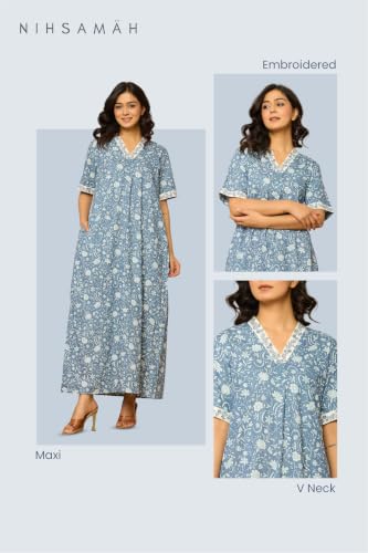 Image of NIHSAMAH Cotton Nighty for Women - Embroidered & Printed Stylish Night Gown, Comfortable Sleepwear Long Nightwear, Maxi