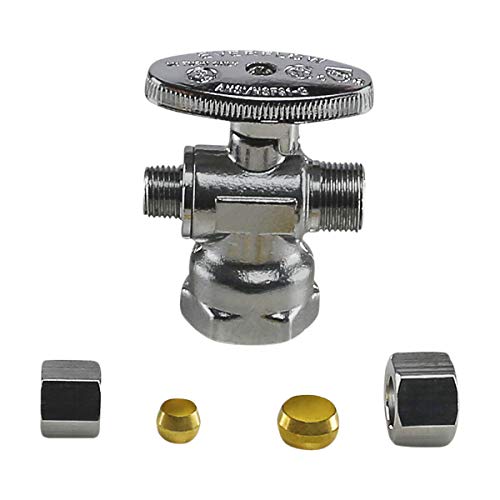Image of Midline Valve 86311QS-OM-5 Water Supply Angle Stop Valve; Dual Outlet; Quarter Turn Wheel; for Toilet, Sink, Dishwasher; 1 /2'' FIP x 3 /8'' x 3 /8'' Compression; Chrome Plated Brass (5 PK)