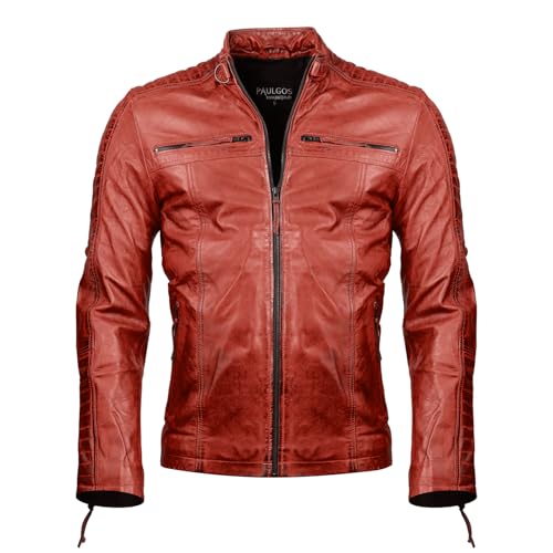 PAULGOS Herren Lederjacke Echtes Leder Jacke Echtleder Übergangsjacke Fashion in 5 Farben Gr. S-7XL Design 1 (DE/NL/SE/PL, Alphanumerisch, M, Regular, Regular, Rot)