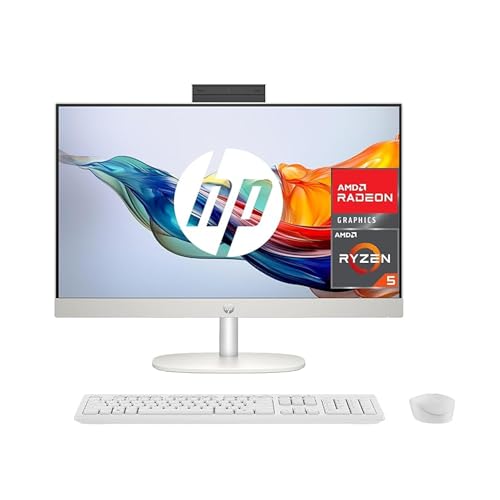 HP All-in-One 27-cr0008ss - Ordenador de sobremesa 27" Full HD con cámara, Teclado y ratón inalámbricos (AMD Ryzen 5 7520U, 16GB RAM, 512GB SSD, AMD Radeon Graphics, sin SO) Blanco