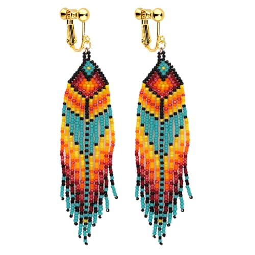 Clip on Dangling Earrings Long Tassel Beaded Boho Stripe Bohemian Earrings No Pierced Seed Bead Tribal Drop Jewelry for Women Party Yellow Blue pink Green Black
