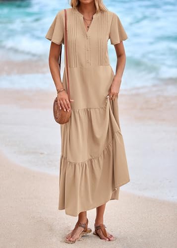 Image of KIRUNDO Summer Maxi Dresses for Women 2026 | Spring Fashion Short Sleeve Tiered Flowy Dress, Button V Neck, Pleated, Loose Fitting, Nursing & Bump Friendly, With Pockets
