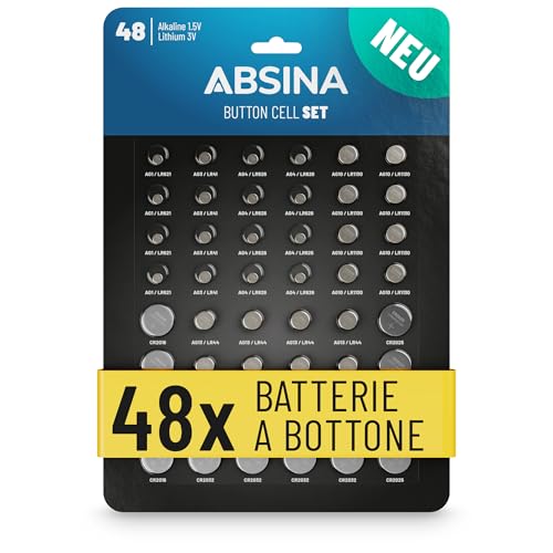 ABSINA Pack de 48 Pilas botón Alcalinas & Litio - 4X AG1 LR621, AG3 LR41, CR2016, CR2025 / 8X AG4 LR66, AG10 LR1130, AG13 LR44, CR2032 - Pila 1,5V & 3V - Baterías de botón