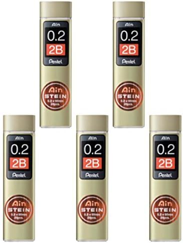 Pentel Ain Mechanical Pencil Leads 0.2mm 2B, 5 Pack/total 100 Leads Value Set