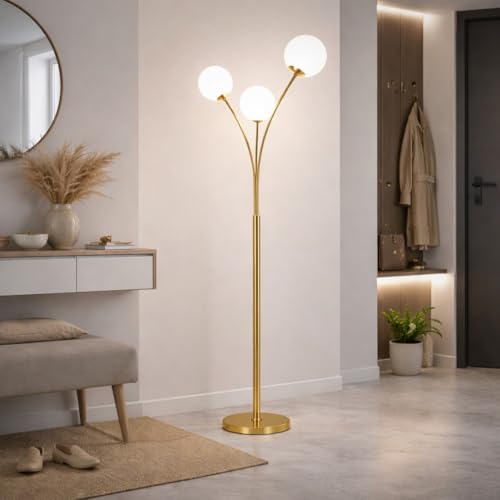 Partenopea Lampada da Terra Piantana Moderna Oro con 3 Sfere in PVC Attacco G9, Design Elegante per Salotto Camera da Letto Ufficio, Luce Diffusa Calda, Base Stabile in Metallo color ottone