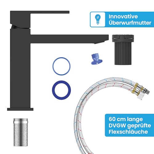 Bächlein Badarmatur Imatra in kantigem Design, Einhebelmischer mit klarer Linienführung in modernem Look, Bad Wasserhahn Matt Schwarz