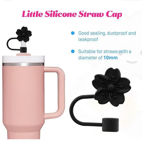 Image of Flower Silicone Straw Cover Cap for Stanley Cup,Straw Topper 10mm 0.4in Dust-Proof Reusable Straw Tips Lids,Straw Tip Covers Gift for Party Decor (Black Cherry blossom 4pcs)
