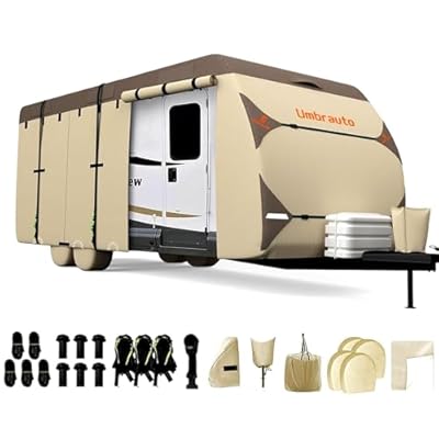 Umbrauto Travel Trailer RV Cover 2024 Upgraded 7 Layers Top 3 Layers Side Waterproof Camper Cover for 30' to 33' RV with 4 Trailer Tire Covers,Tongue Jack Cover,Gutter Cover and Extra Windproof Ropes