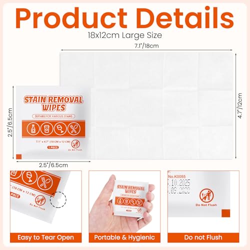 Image of Stain Remover Wet Wipes Bulk, Individual Wrapped Clothes Portable Travel Messy Eater Cleaning Laundry Stain Removal Wipes Pocket Size for Clothing Fabric /Wine /Fast Food 7.1 x 4.7 Inch (White 200)