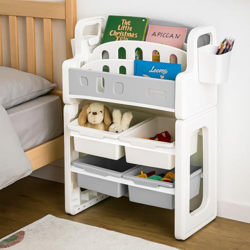 Image of BAYBEE Multipurpose Storage Rack for Kids | Toy Organizer & Bookshelf for Toddlers | Compact Storage Shelf for Toys, Stationery, Art Supplies | Detachable Book Rack with Rounded Corners (Grey)